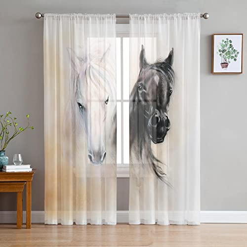 LUOWAN Halbtransparent Gardinen 2 Panel 35% Verdunkelungsvorhang Gesamtgröße 200x214 CM Schwarz Weiß Pferd Home Dekorative Vorhänge Für Küche Schlafzimmer Wohnzimmer Fenster Schlafzimmer Bauernhaus De von LUOWAN