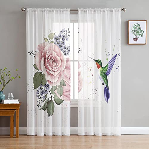 LUOWAN Voile Gardinen 2 Panel 35% Verdunkelungsvorhang Gesamtgröße 140x160 CM Weiß Rosa Blume Kolibri Home Dekorative Vorhänge Für Küche Schlafzimmer Wohnzimmer Fenster Schlafzimmer Bauernhaus Dekorat von LUOWAN