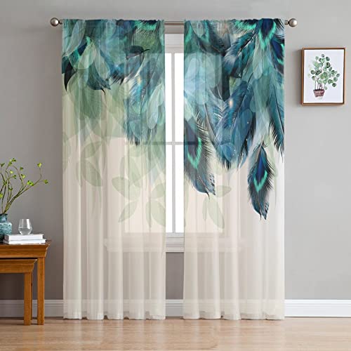 LUOWAN Voile Gardinen Rod Pocket 2 Panel 35% Verdunkelungsvorhang Gesamtgröße 264x214 CM Grün Kunst Pfau Federn Wasserdicht Home Dekorative Vorhänge Für Küche Schlafzimmer Wohnzimmer Fenster Schlafzim von LUOWAN