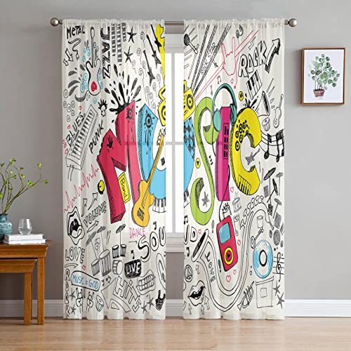 LUOWAN Voile Gardinen Wohnzimmer 2 Panel 35% Verdunkelungsvorhang Gesamtgröße 140x160 CM Farbe Musik Buchstaben Home Dekorative Vorhänge Für Küche Schlafzimmer Wohnzimmer Fenster Schlafzimmer Bauernha von LUOWAN