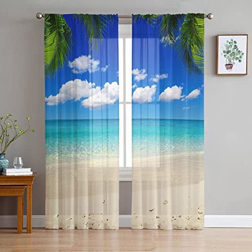 LUOWAN Voile Gardinen Wohnzimmer Rod Pocket 2 Panel 35% Verdunkelungsvorhang Gesamtgröße 140x100 CM Blau Meer Strand LandschaftWasserdicht Home Dekorative Vorhänge Für Küche Schlafzimmer Wohnzimmer Fe von LUOWAN