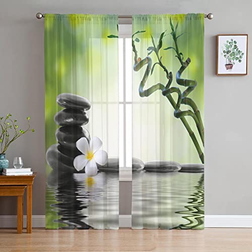 LUOWAN Voile Halbtransparente Vorhang 2 Panel 35% Verdunkelungsvorhang Gesamtgröße 160x160 CM Grün Zen Steine Bambus Home Dekorative Vorhänge Für Küche Schlafzimmer Wohnzimmer Fenster Schlafzimmer Bau von LUOWAN