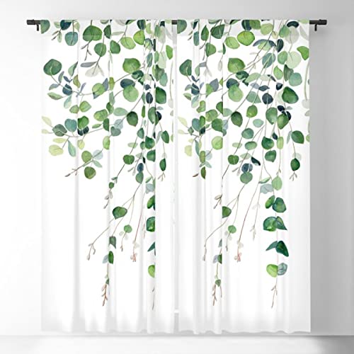 LUOWAN Voile Halbtransparente Vorhang 2 Panel 35% Verdunkelungsvorhang Gesamtgröße Pflanzen Blätter Minimalistisch Weiß Grün 200x214 CM Home Dekorative Vorhänge Für Küche Schlafzimmer Wohnzimmer Fenst von LUOWAN