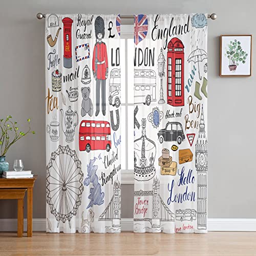 LUOWAN Voile Vorhänge England Auto Telefonzelle Karikatur 280x245 cm Polyester 35% Verdunkelungsvorhänge Ösen Netzvorhänge Küche Schlafzimmer Wohnzimmer Kinderzimmer Bad von LUOWAN