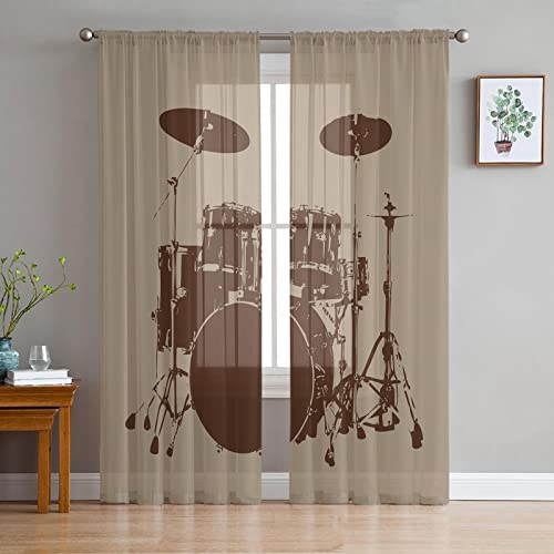 LUOWAN Voile Vorhang 2 Panel 35% Verdunkelungsvorhang Gesamtgröße 140x100 CM Braun Musik Schlagzeug Home Dekorative Vorhänge Für Küche Schlafzimmer Wohnzimmer Fenster Schlafzimmer Bauernhaus Dekoratio von LUOWAN