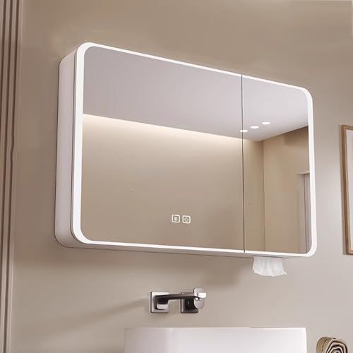 Aluminum Spiegelschrank Bad Mit Beleuchtung 3 Einstellbare Lichtfarben Mit Led Beleuchtung,berührungssensor-Schalter Defogging-Funktion Badezimmer Spiegelschrank Mit 3 Türen,weiß von LUOXYA