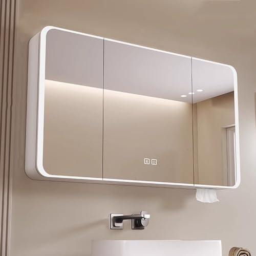 Aluminum Spiegelschrank Bad Mit Beleuchtung 3 Einstellbare Lichtfarben Mit Led Beleuchtung,berührungssensor-Schalter Defogging-Funktion Badezimmer Spiegelschrank Mit 3 Türen,weiß von LUOXYA
