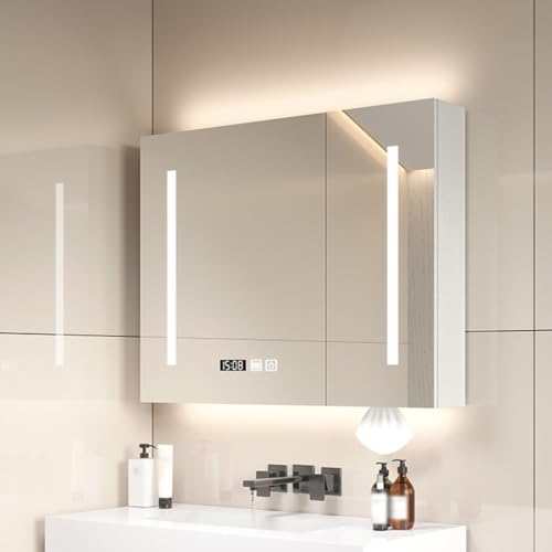 Spiegelschrank Bad Mit Led Beleuchtung 80x70 cm,spiegelschrank 3 Türig Mit Entfoggen Zeitanzeige Papierhandtuchloch Led Massivholz-spiegelkabinett Mit Steckdose Berührung Sensorschalter von LUOXYA