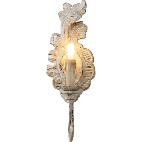 LUOYAOB Europäische Vintage Holz Wandleuchte E14 Kerze Glühbirne Wandleuchte Eisen Arm Antik Finish Wandlampe for Schlafzimmer Wohnzimmer Nachttisch(White) von LUOYAOB