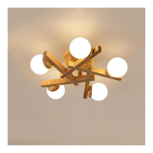 LUOYAOB Mid-Century Modern Holz Halbbündige Deckenleuchte Japanische nordische geometrische Nahlampe mit Glaskugeln Inneneinrichtung for Wohnzimmer Schlafzimmer(Log-5 Lights) von LUOYAOB