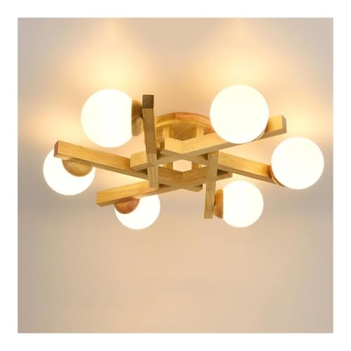 LUOYAOB Mid-Century Modern Holz Halbbündige Deckenleuchte Japanische nordische geometrische Nahlampe mit Glaskugeln Inneneinrichtung for Wohnzimmer Schlafzimmer(Log-6 Lights) von LUOYAOB