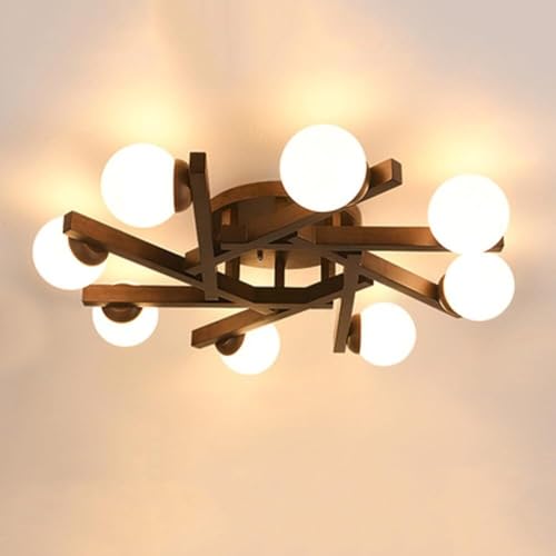 LUOYAOB Mid-Century Modern Holz Halbbündige Deckenleuchte Japanische nordische geometrische Nahlampe mit Glaskugeln Inneneinrichtung for Wohnzimmer Schlafzimmer(Walnut-8 Lights) von LUOYAOB