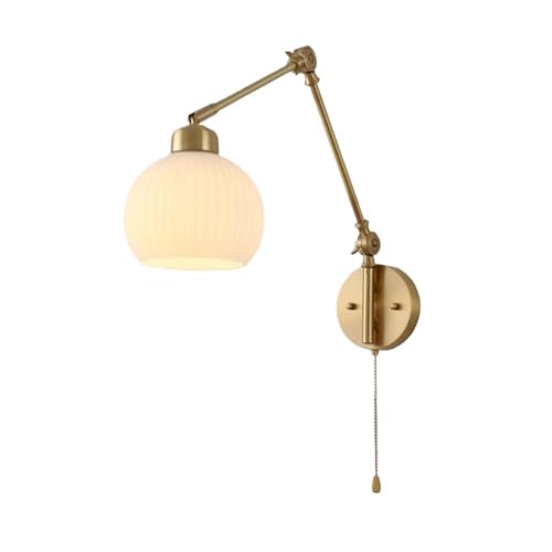 LUOYAOB Mid Century Modern Vollkupfer-Wandleuchte mit 180 ° drehbarem Schwenkarm, geripptem weißem Glasschirm, Wandlampe mit Zugkettenschalter, Wandleuchten von LUOYAOB