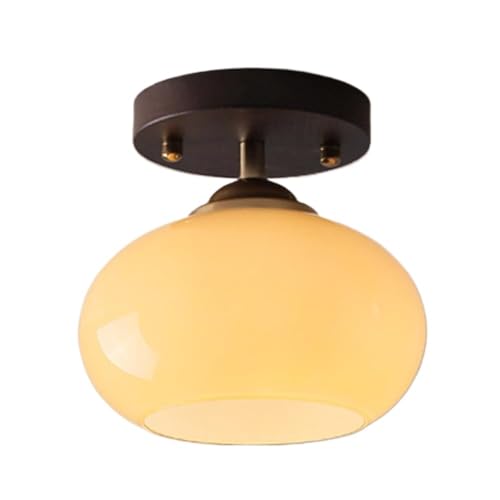 LUOYAOB Mid-Century Runde Glaskugel Halbbündige Deckenleuchte Vintage Holz Deckenlampe Inneneinrichtung for Flur Eingang Schlafzimmer Küche(Cream,Round) von LUOYAOB
