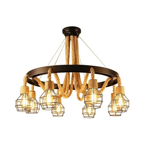 LUOYAOB Modern Pendelleuchte Industrielle Vogelkäfig Seil Pendelleuchte Rustikaler Bauernhof Metall Hanf Seil Kronleuchter Verstellbare Hängelampe for Kücheninsel Warehouse Barn(8 lights) von LUOYAOB