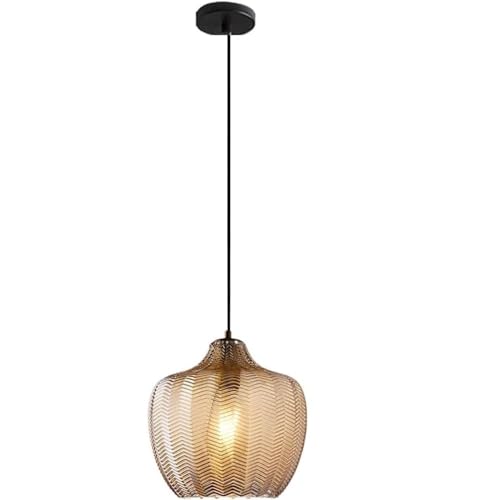 LUOYAOB Moderne, verstellbare Hängelampen im Industriestil, gerippter Glaslampenschirm, Pendelleuchten, Kronleuchter mit Metallsockel for Wohnzimmer und Schlafzimmer(Cognac,16.5 * 17cm) von LUOYAOB