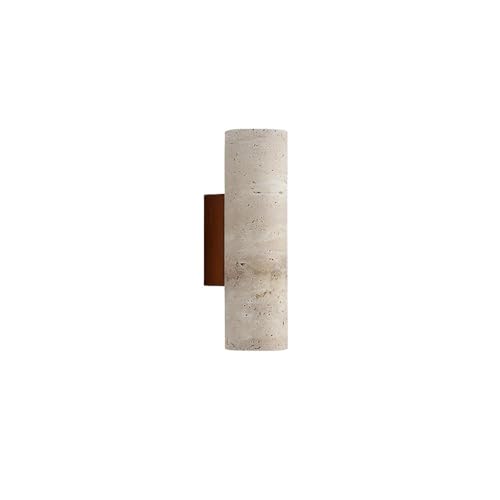 LUOYAOB Moderne Vintage-Wandleuchte mit Zylinder-Holzsockel und gelbem Travertin-Schirm, Wandleuchte mit Up-Down-Beleuchtung, Wandleuchten for Schlafzimmer von LUOYAOB