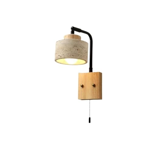 LUOYAOB Moderne Wandleuchte mit Arm im Landhausstil, gelber Travertin-Schirm, Wandlampe aus Massivholzsockel mit Zugkettenschalter, Wandleuchten for Schlafzimmer(Log Color,Pull switch) von LUOYAOB