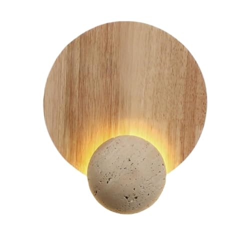 LUOYAOB Moderne minimalistische kreisförmige Wandleuchte Gelbe Travertin-Dekorwandlampe Wandleuchten mit Massivholzsockel for Schlafzimmer, Wohnzimmer, Flur(Log Color) von LUOYAOB