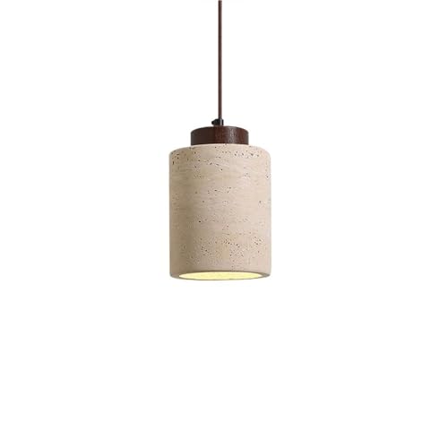 LUOYAOB Moderne und minimalistische zylindrische Hängelampe Gelber Travertinkörper Pendelleuchten Höhenverstellbarer Kronleuchter mit Holzdekoration(Walnut wood,11cm) von LUOYAOB