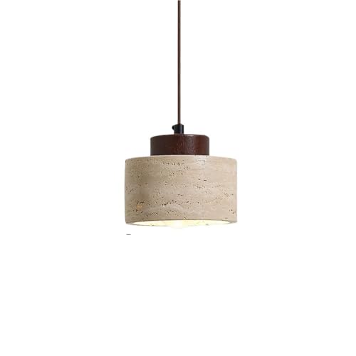 LUOYAOB Moderne und minimalistische zylindrische Hängelampe Gelber Travertinkörper Pendelleuchten Höhenverstellbarer Kronleuchter mit Holzdekoration(Walnut wood,12cm) von LUOYAOB