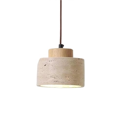 LUOYAOB Moderne und minimalistische zylindrische Hängelampe Gelber Travertinkörper Pendelleuchten Höhenverstellbarer Kronleuchter mit Holzdekoration(Wood,12cm) von LUOYAOB
