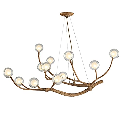 Modern Pendelleuchte Mid Century Holz Zweig Kronleuchter 12 Lichter Retro Glas Bubble Pendelleuchte Harz-Baumzweig Einstellbare Hängelampe for Bauernhof Esszimmer Wohnzimmer Küche Schlafzimmer (Color von LUOYAOB