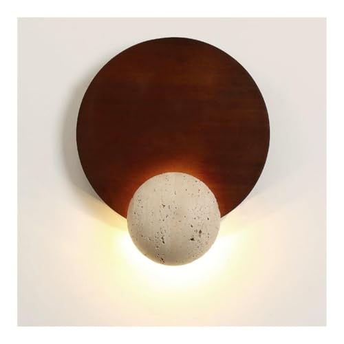 Moderne minimalistische kreisförmige Wandleuchte Gelbe Travertin-Dekorwandlampe Wandleuchten mit Massivholzsockel for Schlafzimmer, Wohnzimmer, Flur(Walnut Color) von LUOYAOB