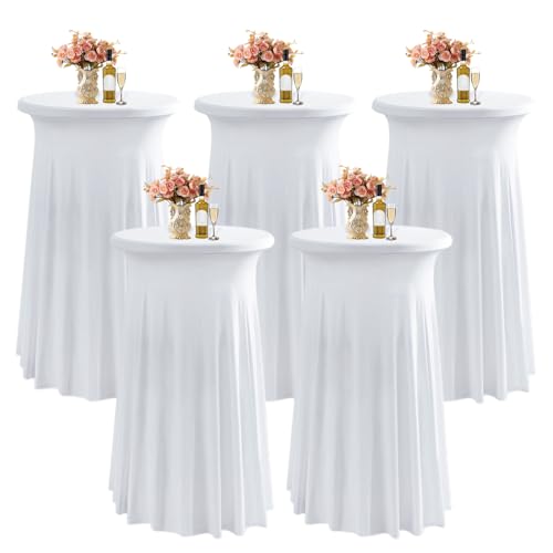 LUOZIQINX Runde Stehtisch Hussen Cocktail 80×110cm, Stretch Spandex Bistrotisch Tischdecke Tischrock für Hochzeiten, Partys, Restaurants, Bankette,Weiß,5pcs von LUOZIQINX