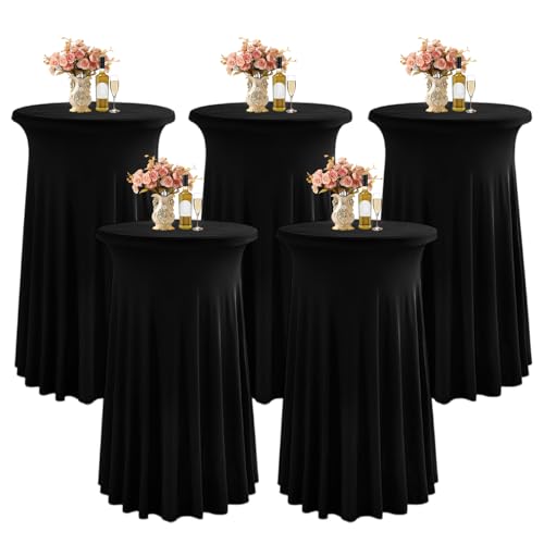 LUOZIQINX Stehtisch Hussen 80×110cm, Stretch Spandex Bistrotisch Tischrock, Runde Cocktail Tischdecke mit Rock für Party Hochzeit Banketttisch,Schwarz,5pcs von LUOZIQINX