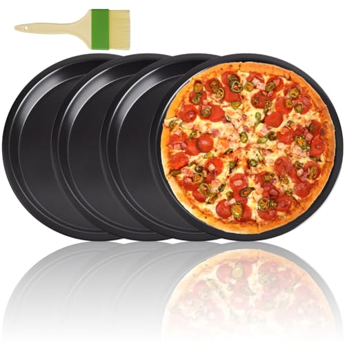 4 Stück Pizzablech,∅ 26cm Runde Pizza Backform aus Edelstahl-Backblech Pizzaförmchen zum Backen und Servieren mit Pinsel-Antihaftbeschichtetes Backblech,Hochtemperaturbeständig,Leicht zu Reinigen von LUPATDY