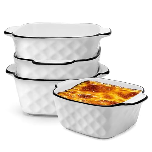 4er Set Keramik Auflaufform 400ML,Quadratische Backformen,Mini Auflaufformen 14.5 x 11.5 x 5.5cm,Keramik Backformen mit Griffen,für Heißluftfritteuse, Backofen, Mikrowellenherd (Rautenmuster) von LUPATDY