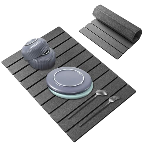 Abtropfmatte Geschirr, 60x40cm Wasserabsorbierende Kieselgur Matte Küche, Faltbare Stein Dish Drying Matte für Spüle, Hitzebeständig Abtropfmatte Kieselgur für Kaffeemaschine Tassen von LUPATDY