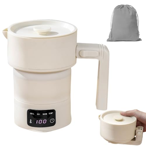 Faltbarer Wasserkocher Faltbarer Reisewasserkocher Klein, 0,6L Tragbarer Camping Wasserkocher mit Echtzeit-Temperaturanzeige, BPA-frei, MiniWasserkocher für Küche Reise Camping Outdoor (Weiß) von LUPATDY