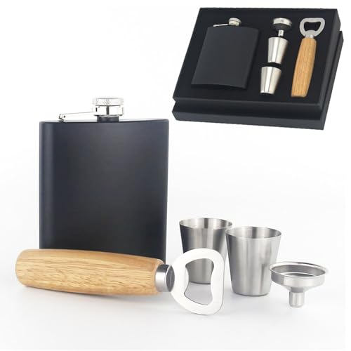 Flachmann Edelstahl Flask 210ml - mit Zwei Tassen und Trichter Öffner,Geschenk für Väter,Edelstahl Flachmann Geschenk für Wandern Hochzeit Camping Klettern Picknick von LUPATDY