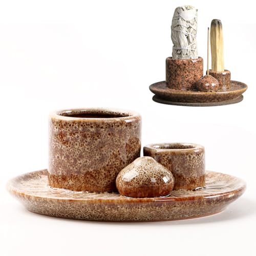 LUPATDY 4 in 1 Räucherschale, Räucherschale Rauhnächte für Jedes Räucherwerk,Keramik Räucherstäbchen Halter für Palo Santo Stäbchen,weißen Salbei,Palo Santo Sticks (Gepunktet weiß) von LUPATDY