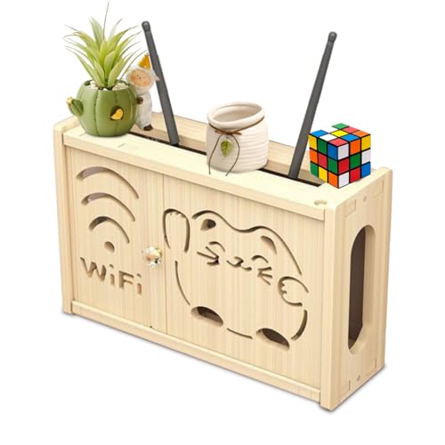 LUPATDY Massivholz Router Schrank,Wall Mounted WiFi Router Storage Box-Router Verstecken,Router Aufbewahrungsbox-Kabelbox,TV Set Top Box Organisator-Holz WiFi Dekoratives Router Regal(Glückskatze) von LUPATDY