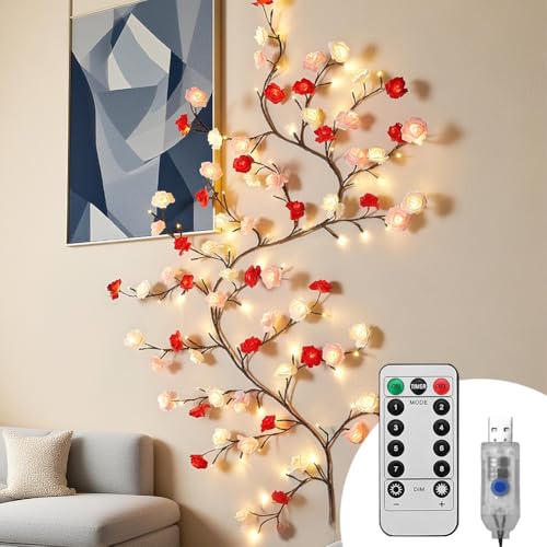 Rose Willow Vine Wand Deko, LED Rose Zweige Lichter, 180CM 96 LEDs Lichterkette Wanddeko mit Fernbedienung, 8 Modi Timer Lichterkette für Schlafzimmer Deko Weinachtsdekorationen Valentinstag von LUPATDY
