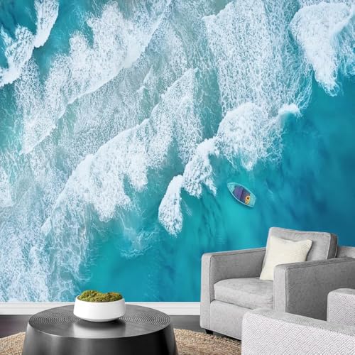 Art Fototapete 3D Blaue Meereswellen 366x254cm，Segelboot Seidenstofftapeten für Wohnzimmer Schlafzimmer von LUPAXA