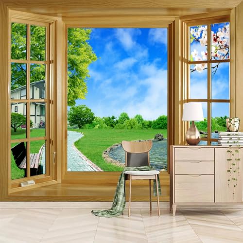 Art Fototapete 3D Blick Aus Dem Fenster 150x130cm，Blauer Himmel Und Grasland Seidenstofftapeten für Schlafzimmer Wohnzimmer von LUPAXA