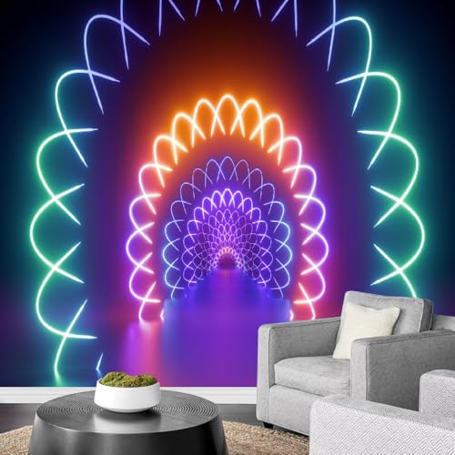 Art Fototapete 3D Bunte Neongeometrie 130x80cm，Tunnel Mit Optischer Täuschung Seidenstofftapeten für Schlafzimmer, Wohnzimmer, Sofa, TV-Hintergrund von LUPAXA