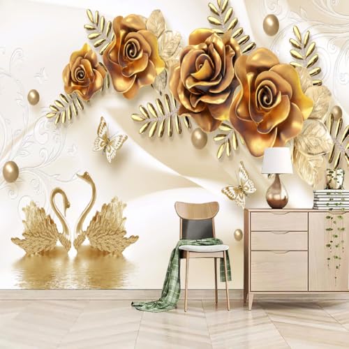 Art Fototapete 3D Goldene Blumen Im Europäischen Stil 315x215cm，Schwäne Und Schmetterlinge Seidenstofftapeten für Schlafzimmer, Wohnzimmer, Sofa, TV-Hintergrund von LUPAXA