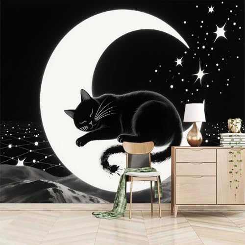 Art Fototapete 3D Schwarz-Weißer Großer Mond 400x280cm，Schwarze Katze Und Sterne Seidenstofftapeten für Schlafzimmer, Wohnzimmer, Sofa, TV-Hintergrund von LUPAXA