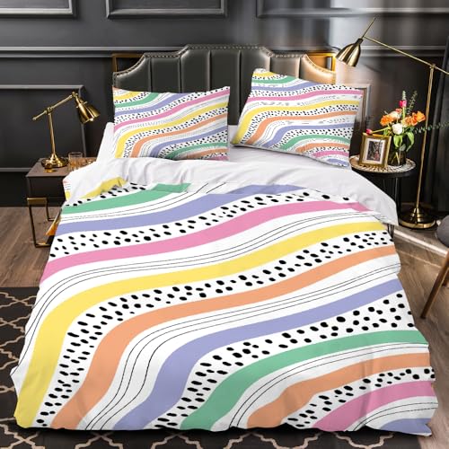 Boho Regenbogenlinien Bettwäsche Set 3 Teilig，155 * 200Cm Abstrakte Pastellfarben Leicht Weich Mikrofaser Bettbezug Und 2 Kissenbezüge Mit Reißverschluss von LUPAXA