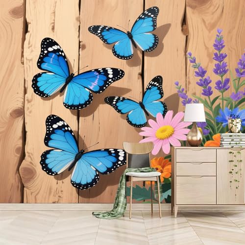 Fototapete 3D Blauer Schmetterling 3D-Muster 400x280cm,Braune Holzmaserung Seidenstofftapeten,für Wohnzimmer Schlafzimmer Nicht selbstklebend Fototapete 3D Blauer Schmetterling 3D-Muster 400x280cm,Braune Holzmaserung Seidenstofftapeten,für Wohnzimmer Schlafzimmer Nicht selbstklebend von LUPAXA