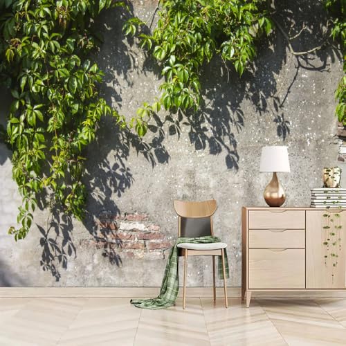 Fototapete 3D Effekt 3D-Graue Wand Mit Grünen Blättern 200x150cm，Pflanzen Vlies tapeten für Schlafzimmer Wohnzimmer Flur Esszimmer von LUPAXA