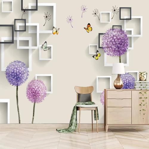 Fototapete 3D Effekt Lila Löwenzahn 230x180cm，Moderner Geometrischer Schmetterling Vlies tapeten für Schlafzimmer Wohnzimmer von LUPAXA