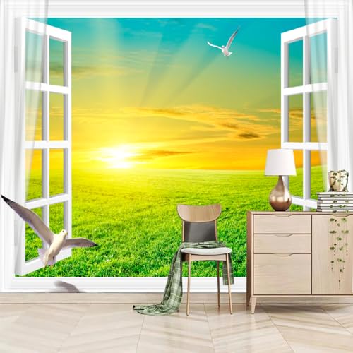 Fototapete 3D Effekt Sonnige Landschaft Vor Dem Fenster 130x80cm，Wiese Vlies tapeten für Wohnzimmer Schlafzimmer von LUPAXA