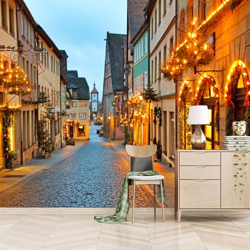 Fototapete 3D Effekt Straßenszene 200x150cm，Kleinstadtarchitektur Vlies tapeten für Wohnzimmer Schlafzimmer von LUPAXA