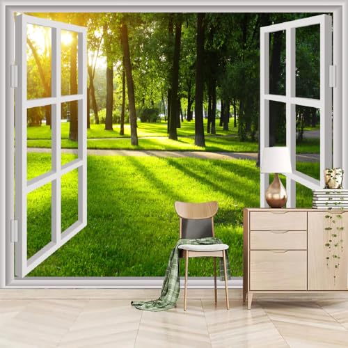 Fototapete 3D Effekt Wald Vor Dem Fenster 200x150cm，Grünes Gras Vlies tapeten für Schlafzimmer Wohnzimmer von LUPAXA